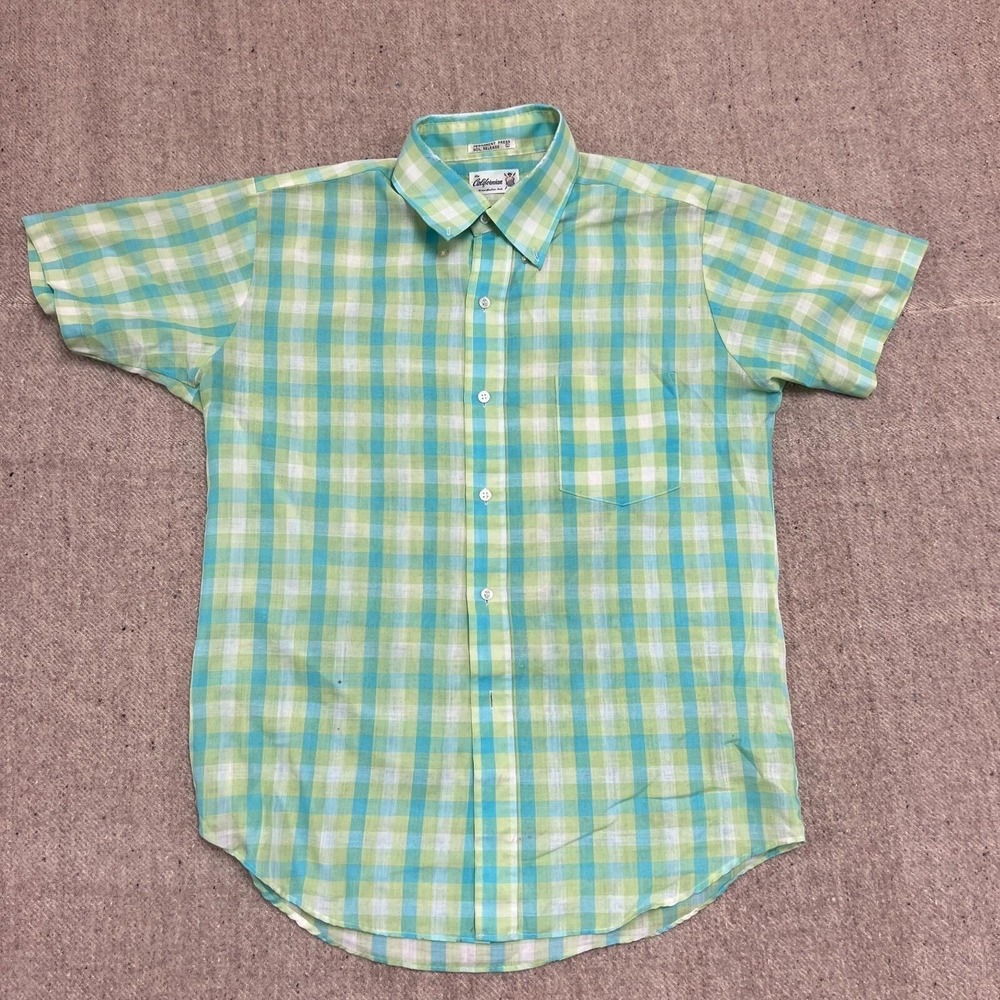 Vintage California Button Up Shirt Mens Large Green 1970s Short Sleeve